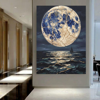 Moonlit Ocean Canvas | Sailboat Seascape Art | Dark Coastal Decor — Framed Print wall art