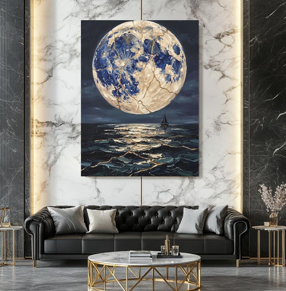Moonlit Ocean Canvas | Sailboat Seascape Art | Dark Coastal Decor — Framed Print wall art