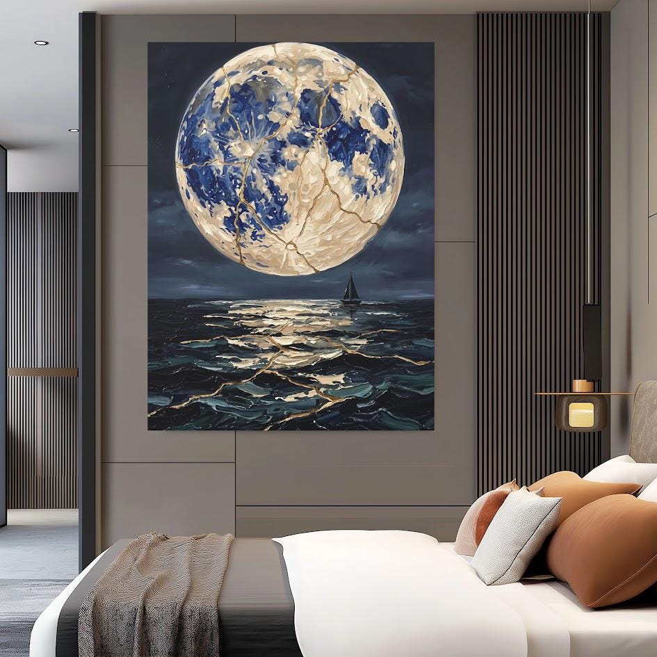 Moonlit Ocean Canvas | Sailboat Seascape Art | Dark Coastal Decor — Framed Print wall art
