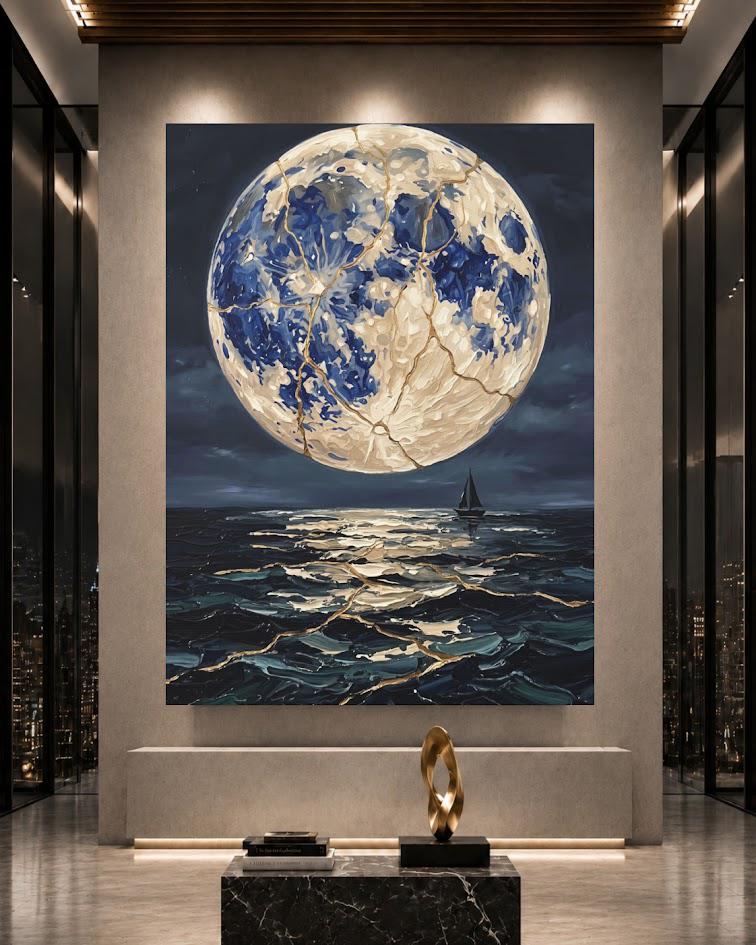 Moonlit Ocean Canvas | Sailboat Seascape Art | Dark Coastal Decor — Poster wall art