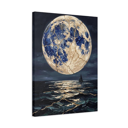 Moonlit Ocean Canvas | Sailboat Seascape Art | Dark Coastal Decor — Canvas wall art