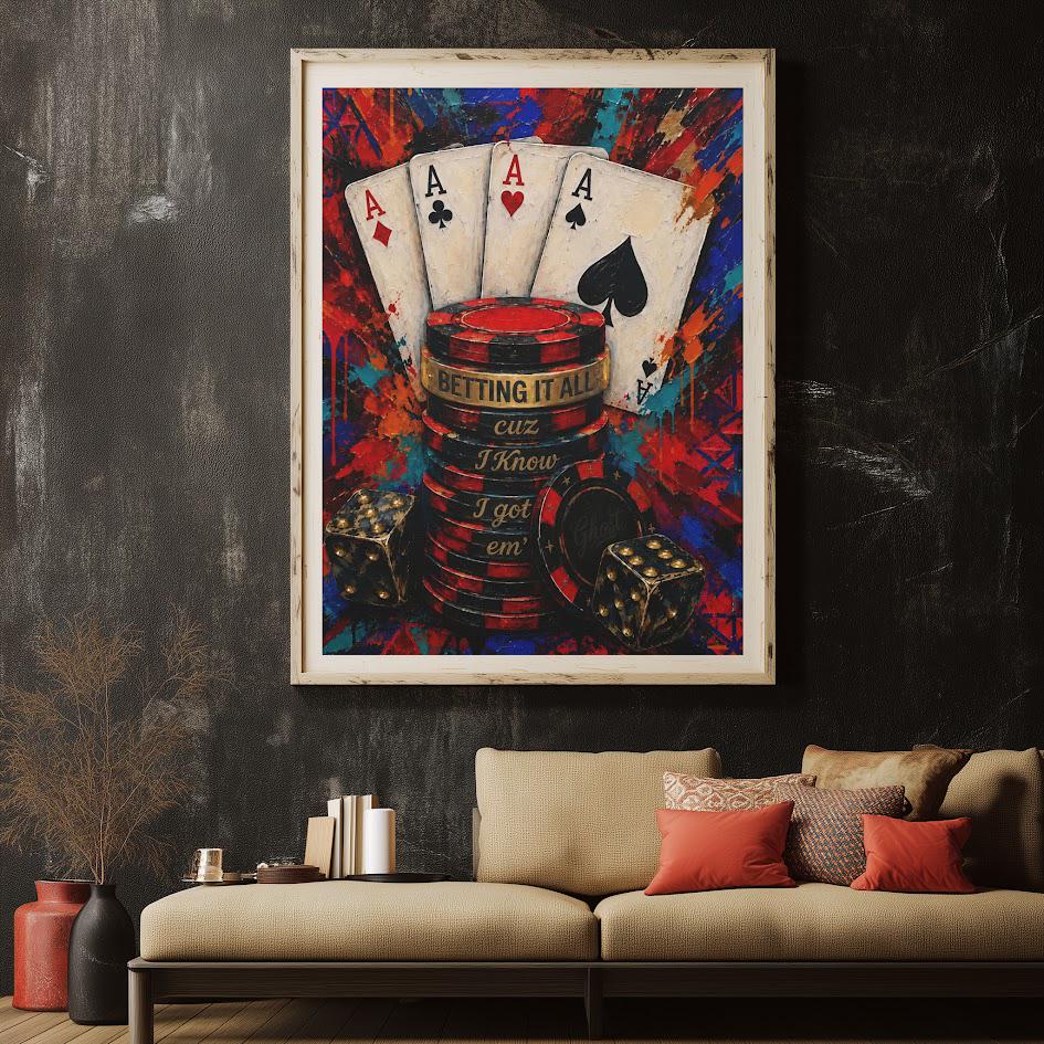 Poker Wall Art | Aces Casino Canvas Print | Gambling Quote Decor for Man Cave Game Room Office — Framed Print wall art
