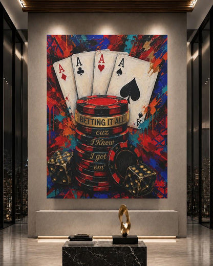 Poker Wall Art | Aces Casino Canvas Print | Gambling Quote Decor for Man Cave Game Room Office — Framed Print wall art