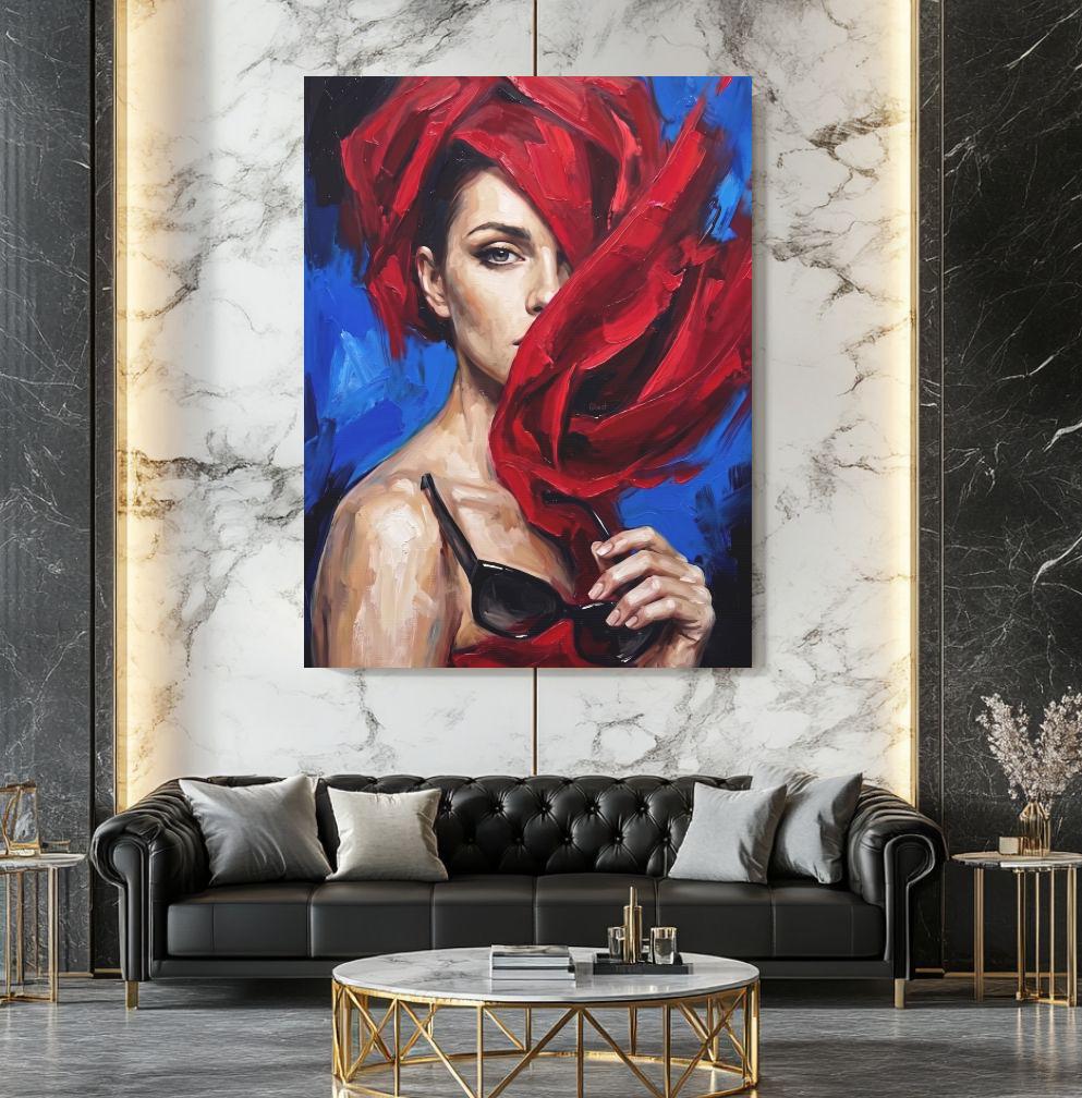 Fashion Wall Art | Woman in Red Canvas | Glam Bedroom Decor — Framed Print wall art