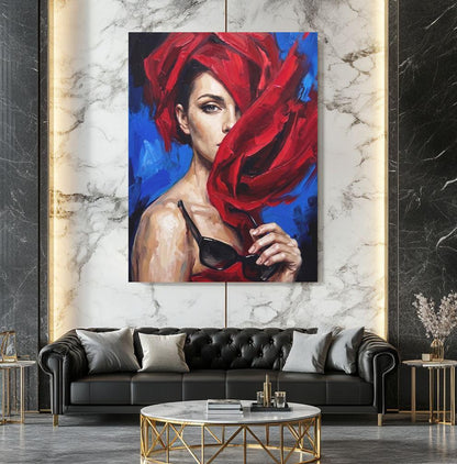 Fashion Wall Art | Woman in Red Canvas | Glam Bedroom Decor — Framed Print wall art