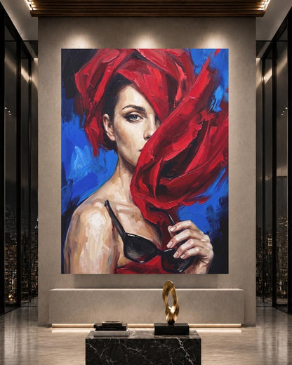 Fashion Wall Art | Woman in Red Canvas | Glam Bedroom Decor — Framed Print wall art