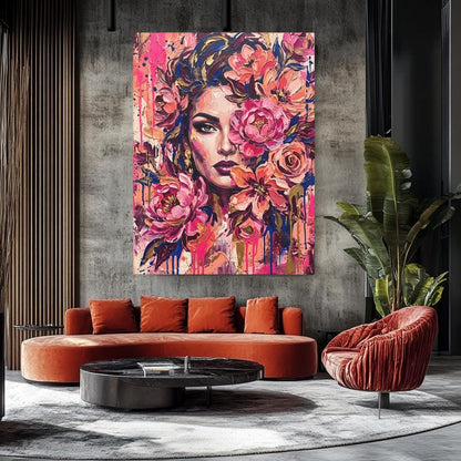 Feminine Wall Art, Floral Woman Canvas, Pink Glam Bedroom Decor — Framed Print wall art