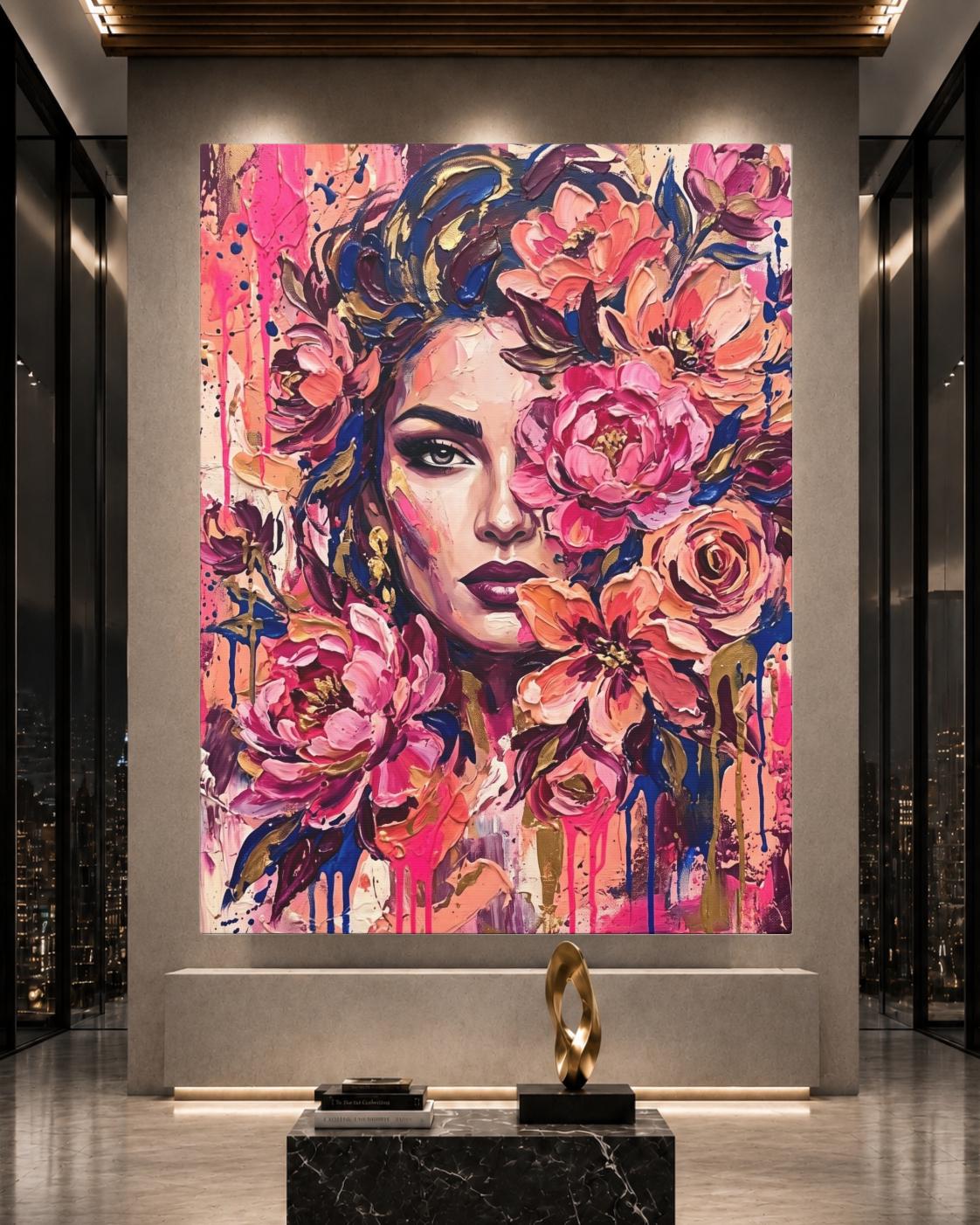 Feminine Wall Art, Floral Woman Canvas, Pink Glam Bedroom Decor — Framed Print wall art