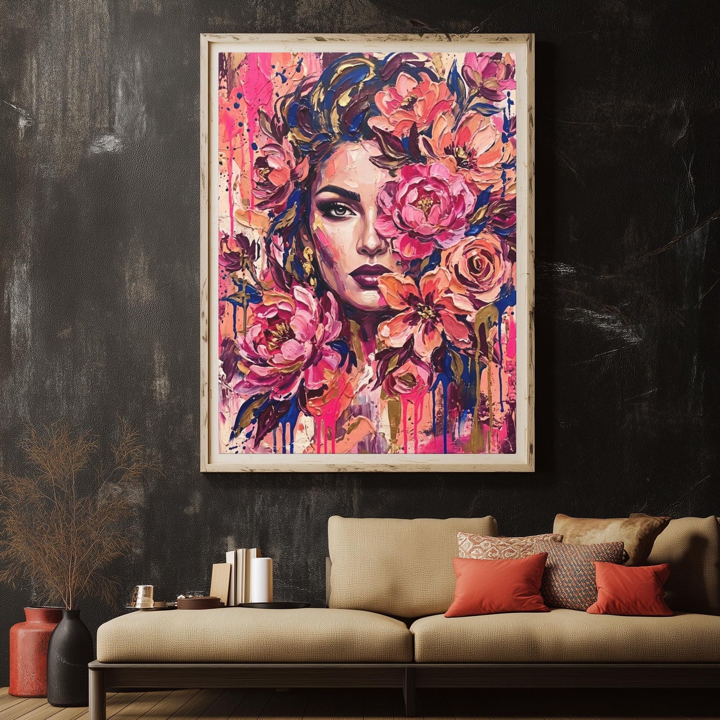 Feminine Wall Art, Floral Woman Canvas, Pink Glam Bedroom Decor — Framed Print wall art