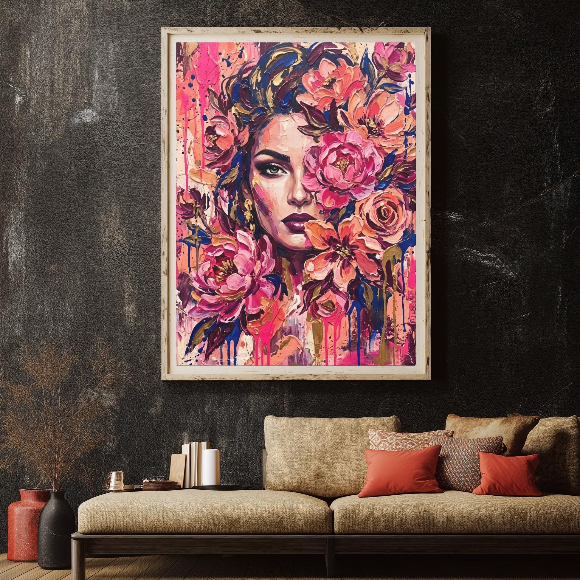 Feminine Wall Art, Floral Woman Canvas, Pink Glam Bedroom Decor — Framed Print wall art