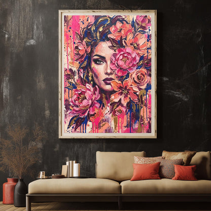 Feminine Wall Art, Floral Woman Canvas, Pink Glam Bedroom Decor — Framed Print wall art