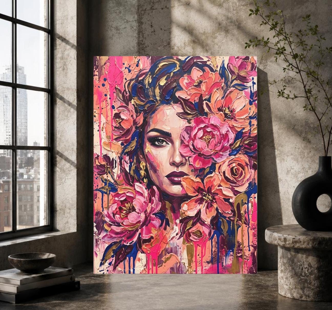 Feminine Wall Art, Floral Woman Canvas, Pink Glam Bedroom Decor — Poster wall art