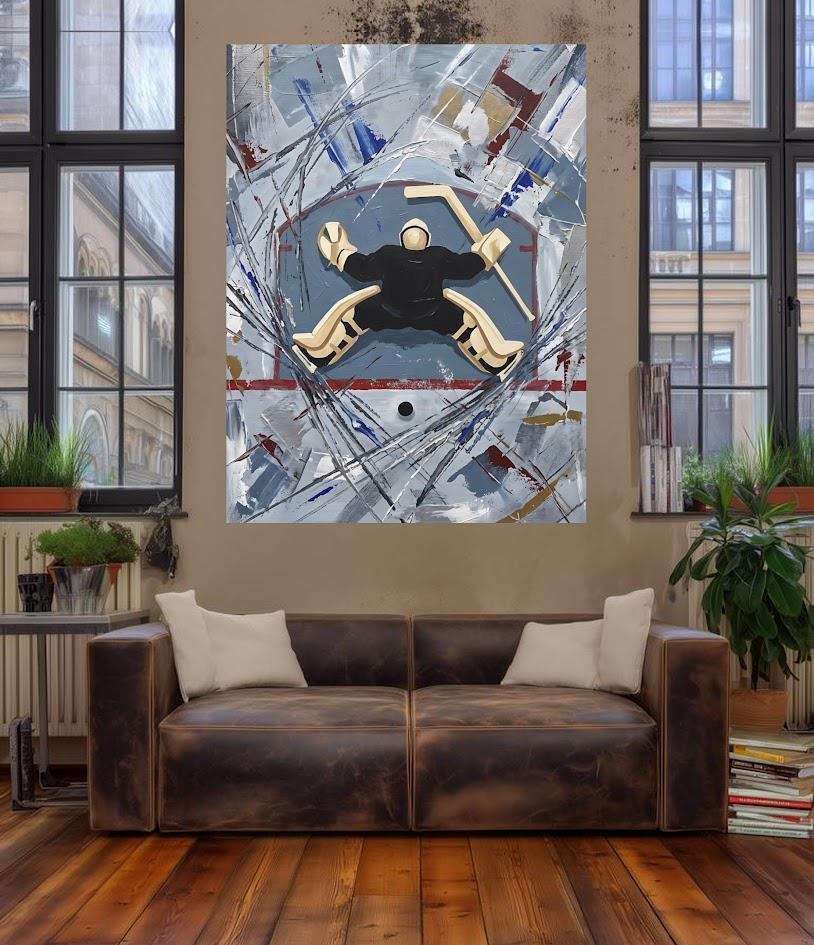Goalie Wall Art | Ice Rink Canvas Print | Abstract Sports Decor for Hockey Room Man Cave Bedroom — Framed Print wall art