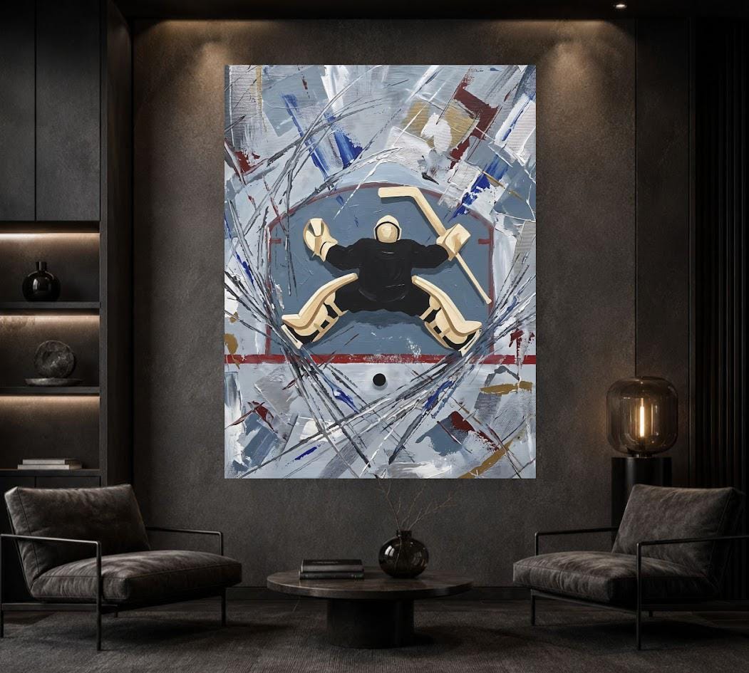 Goalie Wall Art | Ice Rink Canvas Print | Abstract Sports Decor for Hockey Room Man Cave Bedroom — Framed Print wall art