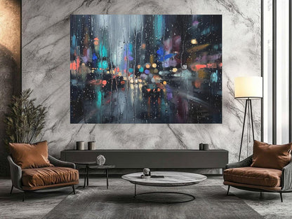 Rainy City Wall Art | Abstract Night Canvas | Modern Living Room Decor — Framed Print wall art