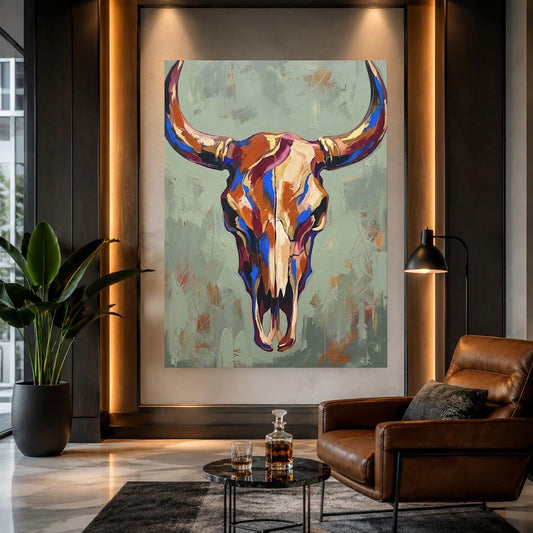 Longhorn Skull Wall Art | Colorful Western Canvas | Southwestern Ranch Decor — Poster wall art