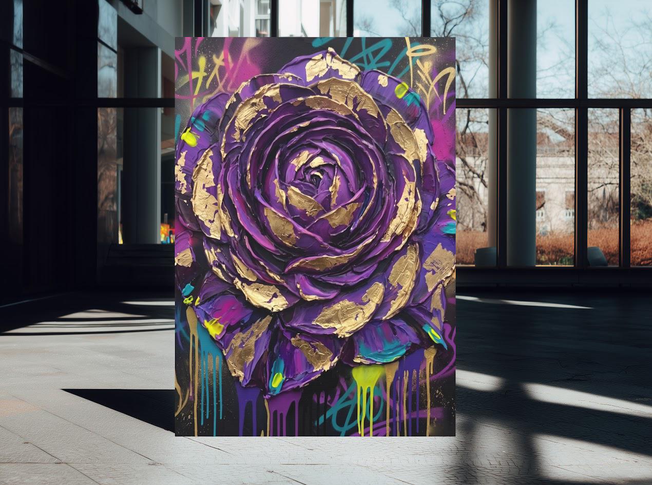 Purple Rose Wall Art | Graffiti Floral Canvas | Bold Maximalist Decor — Framed Print wall art