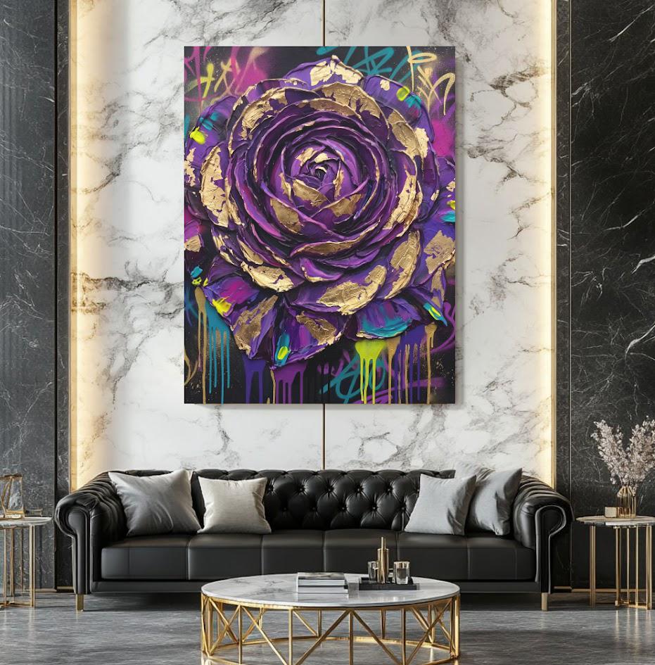 Purple Rose Wall Art | Graffiti Floral Canvas | Bold Maximalist Decor — Framed Print wall art