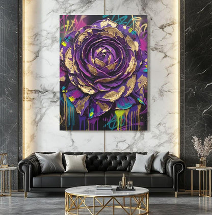 Purple Rose Wall Art | Graffiti Floral Canvas | Bold Maximalist Decor — Framed Print wall art