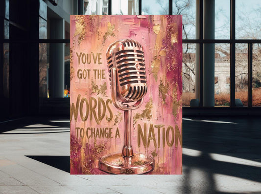 Vintage Microphone Wall Art, Inspirational Quote Decor, Pink Gold Music Canvas — Poster wall art
