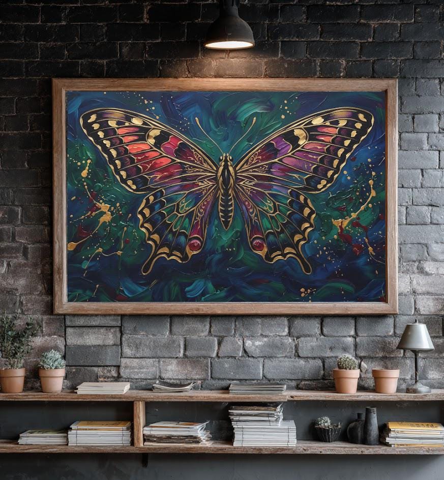 Butterfly Wall Art | Jewel Tone Canvas | Moody Botanical Decor — Framed Print wall art