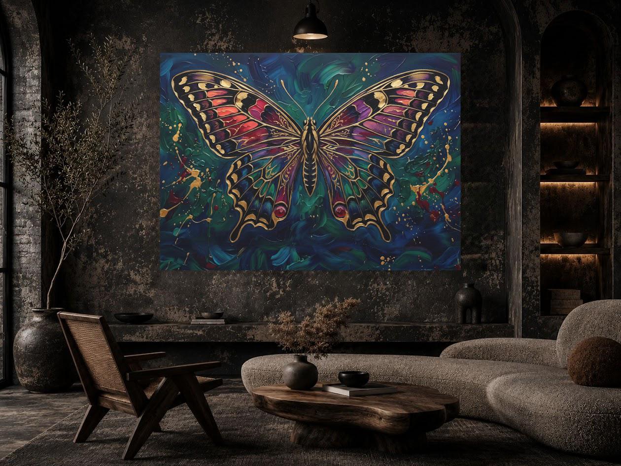 Butterfly Wall Art | Jewel Tone Canvas | Moody Botanical Decor — Framed Print wall art