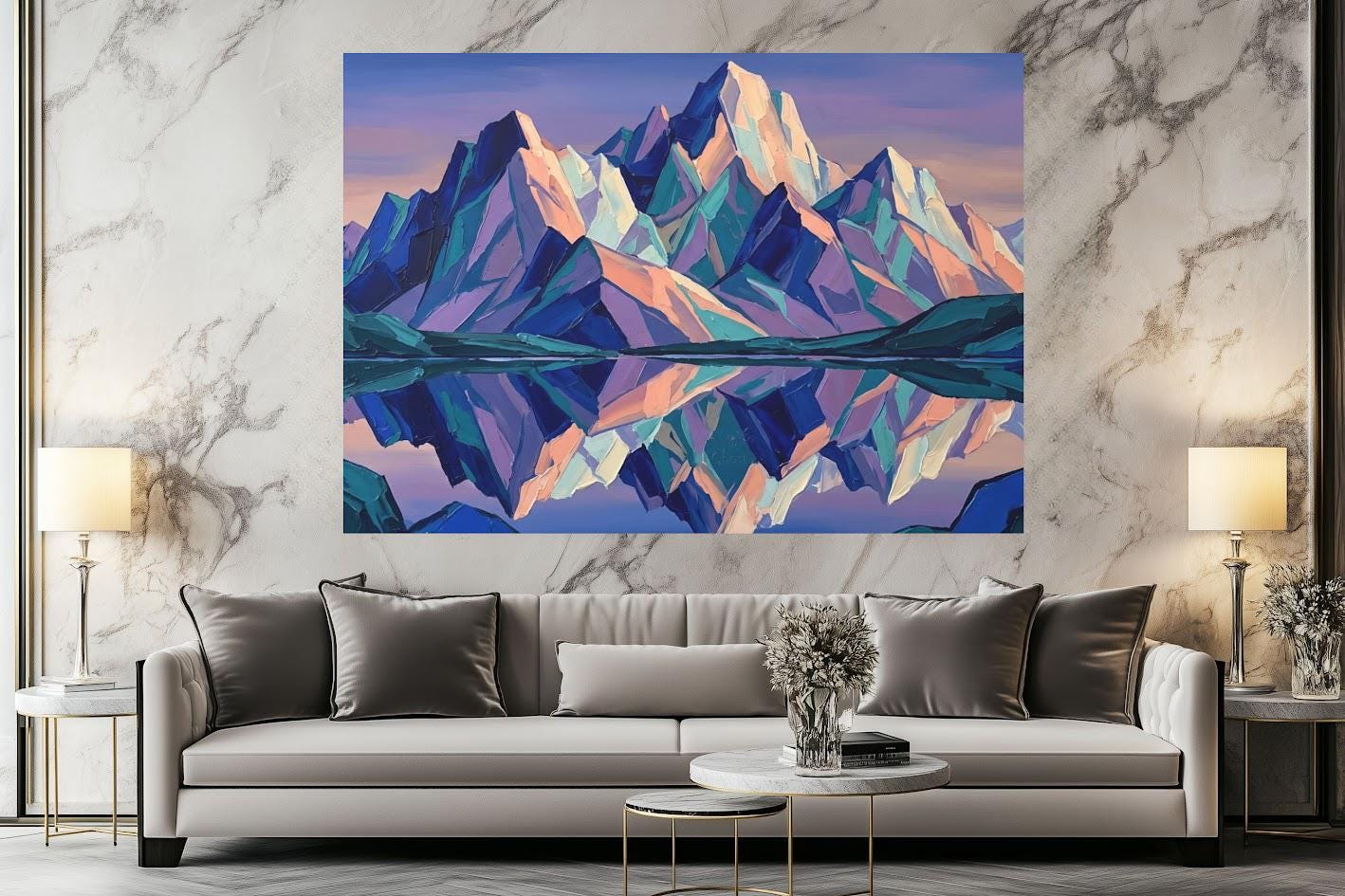 Colorful Mountain Wall Art | Geometric Landscape Canvas | Modern Cabin Decor — Framed Print wall art
