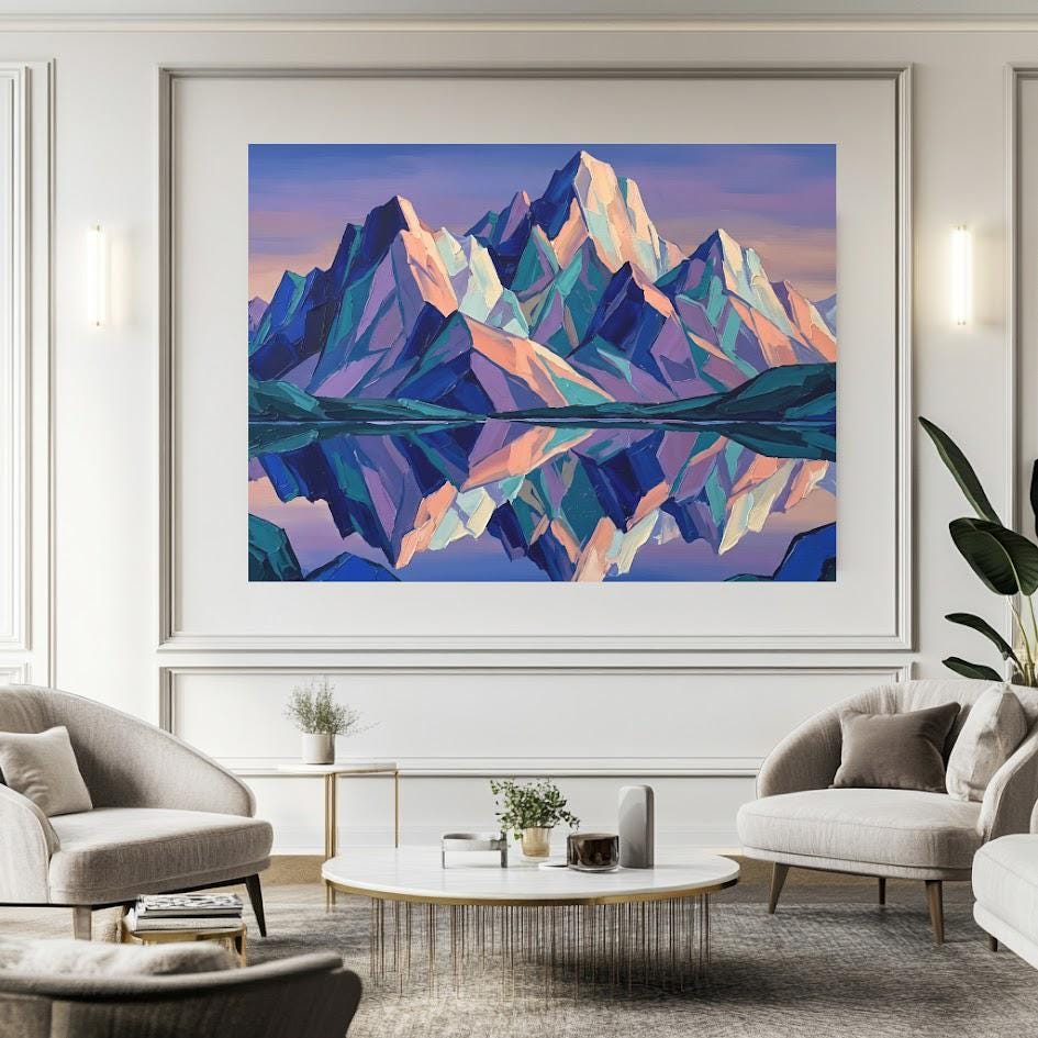 Colorful Mountain Wall Art | Geometric Landscape Canvas | Modern Cabin Decor — Framed Print wall art