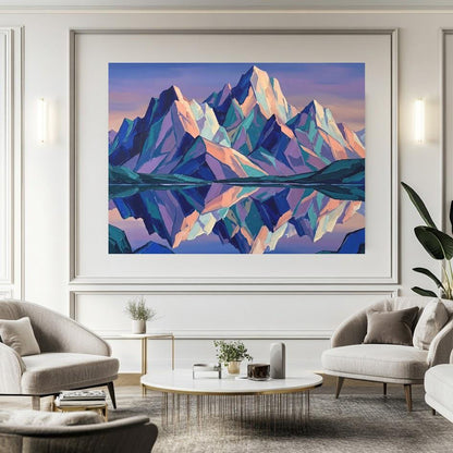 Colorful Mountain Wall Art | Geometric Landscape Canvas | Modern Cabin Decor — Framed Print wall art