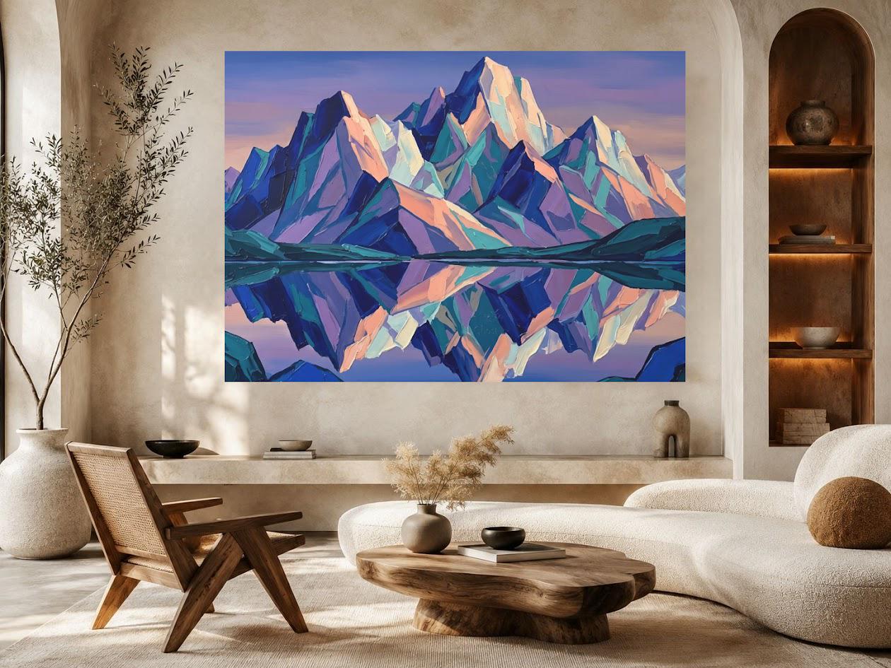 Colorful Mountain Wall Art | Geometric Landscape Canvas | Modern Cabin Decor — Framed Print wall art