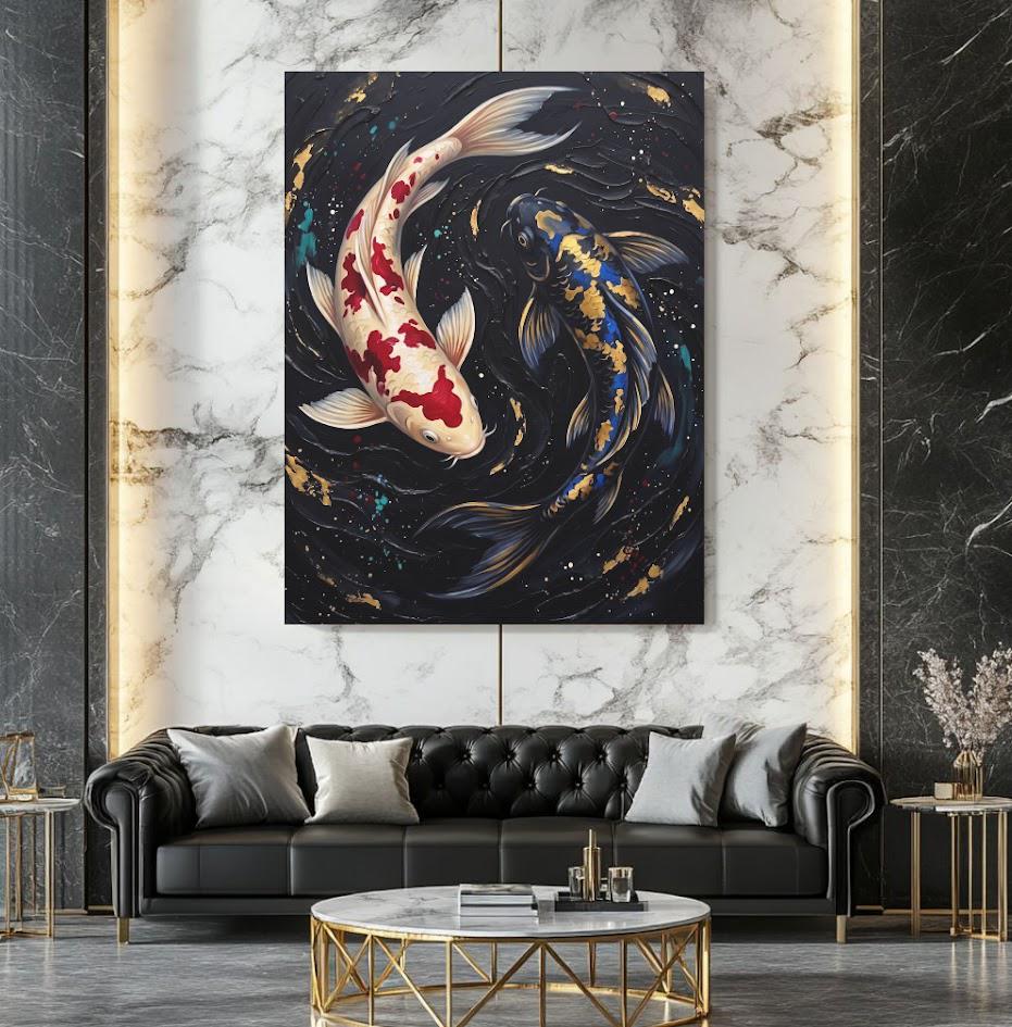 Koi Fish Wall Art | Yin Yang Canvas | Zen Japanese Decor — Framed Print wall art