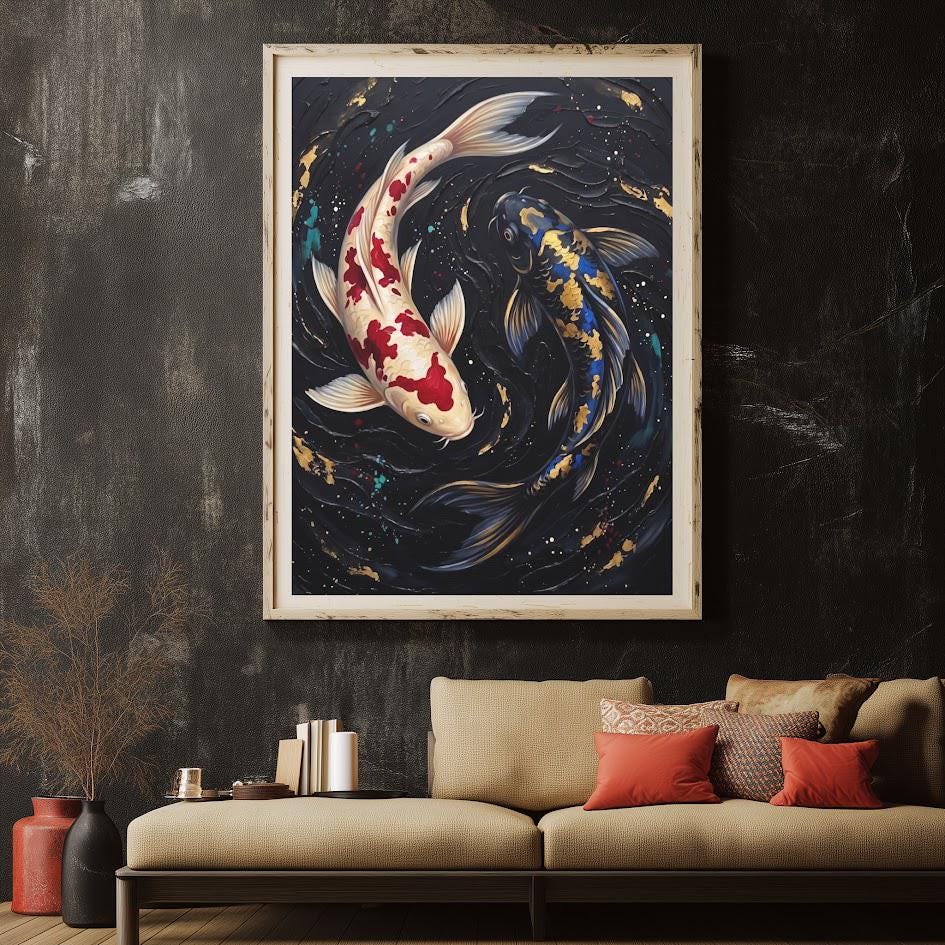 Koi Fish Wall Art | Yin Yang Canvas | Zen Japanese Decor — Framed Print wall art