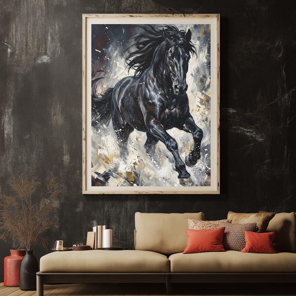 Black Horse Wall Art | Running Stallion Canvas | Equestrian Ranch Decor — Framed Print wall art