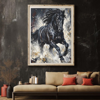 Black Horse Wall Art | Running Stallion Canvas | Equestrian Ranch Decor — Framed Print wall art