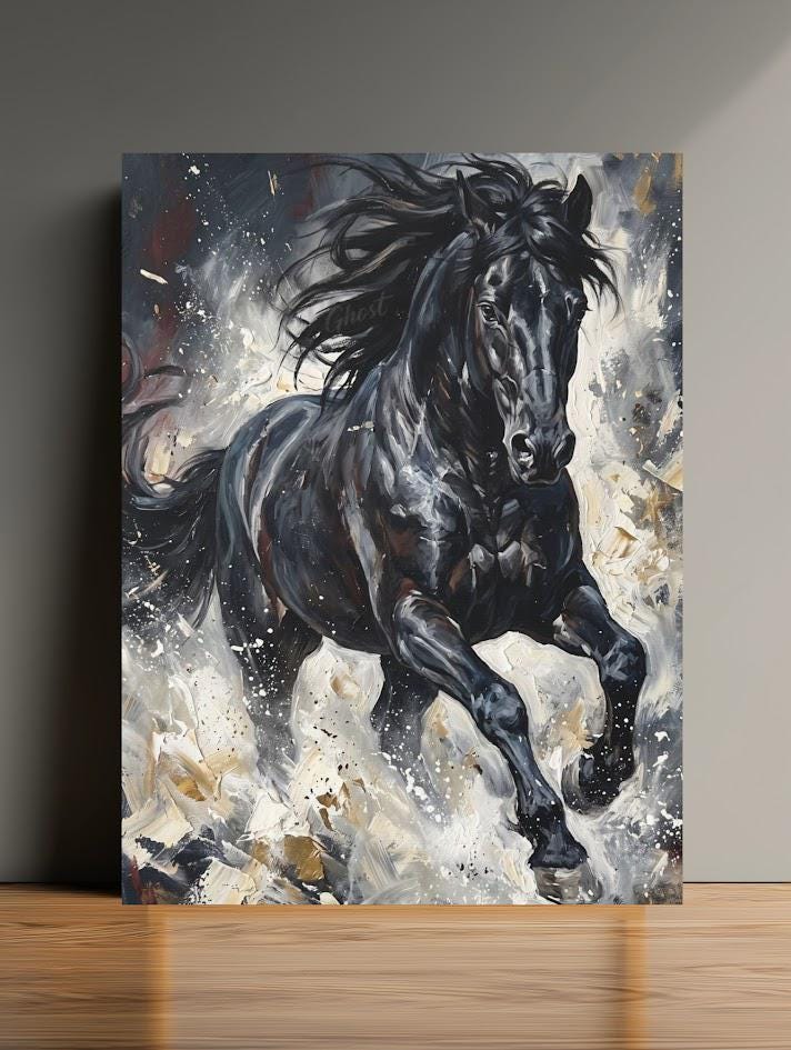 Black Horse Wall Art | Running Stallion Canvas | Equestrian Ranch Decor — Framed Print wall art