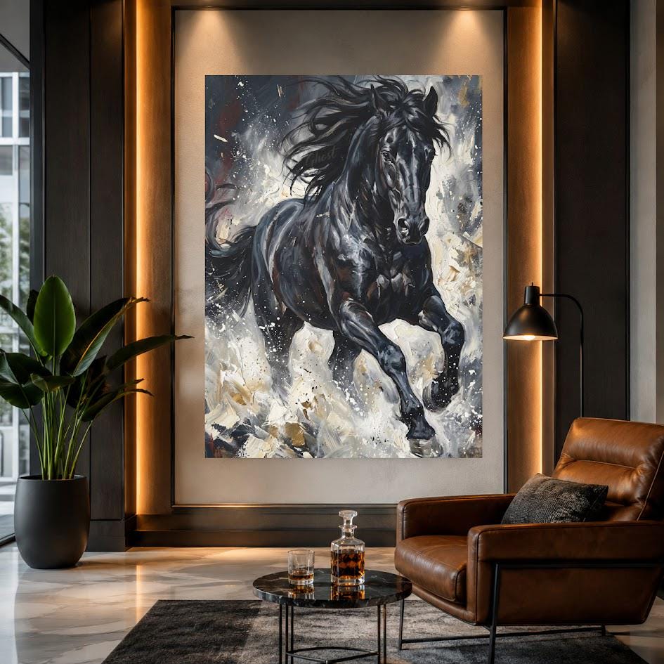 Black Horse Wall Art | Running Stallion Canvas | Equestrian Ranch Decor — Framed Print wall art