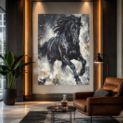 Black Horse Wall Art | Running Stallion Canvas | Equestrian Ranch Decor — Framed Print wall art