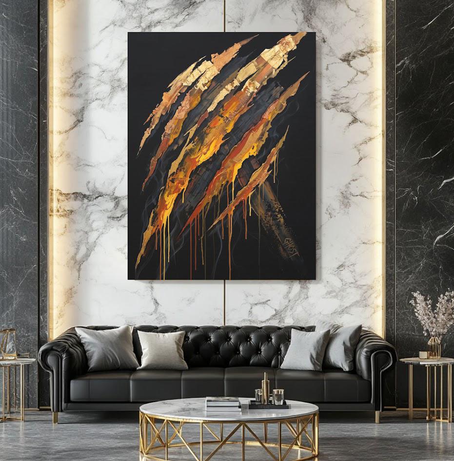 Abstract Claw Mark Wall Art | Black Gold Canvas | Bold Statement Decor — Framed Print wall art