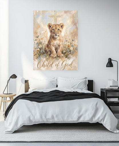 Child of God Wall Art | Lion Cub Nursery Canvas | Christian Baby Gift — Framed Print wall art