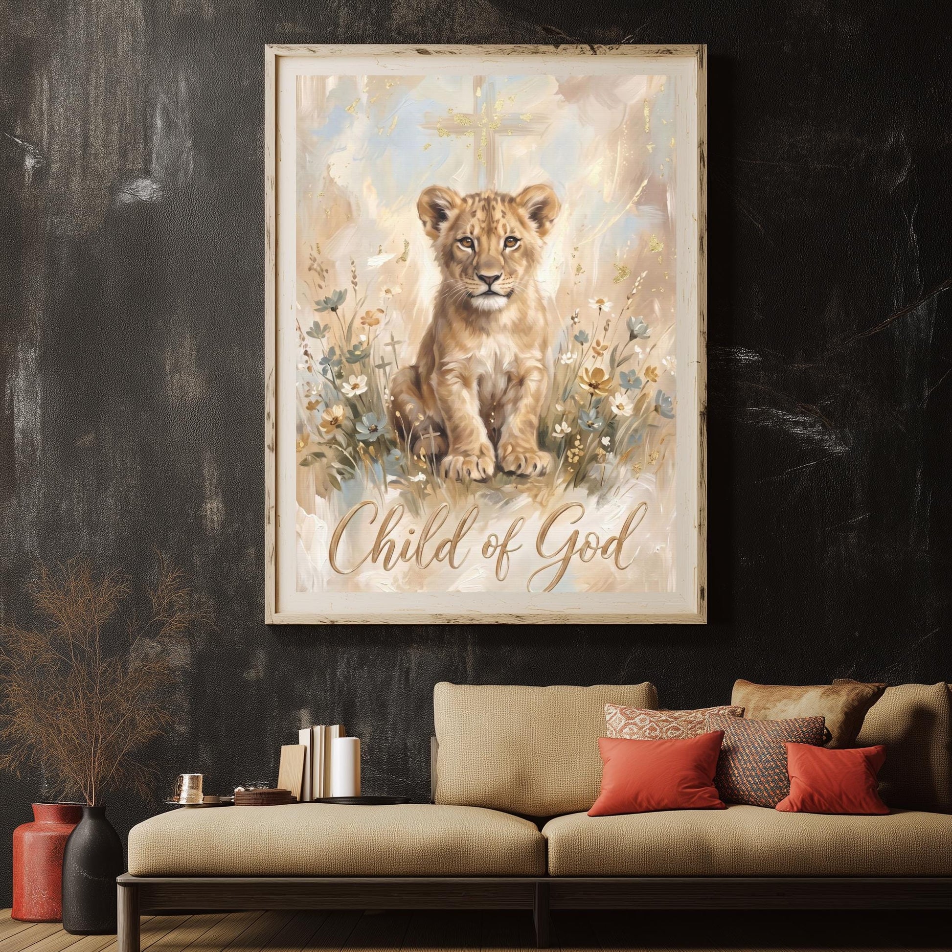 Child of God Wall Art | Lion Cub Nursery Canvas | Christian Baby Gift — Framed Print wall art