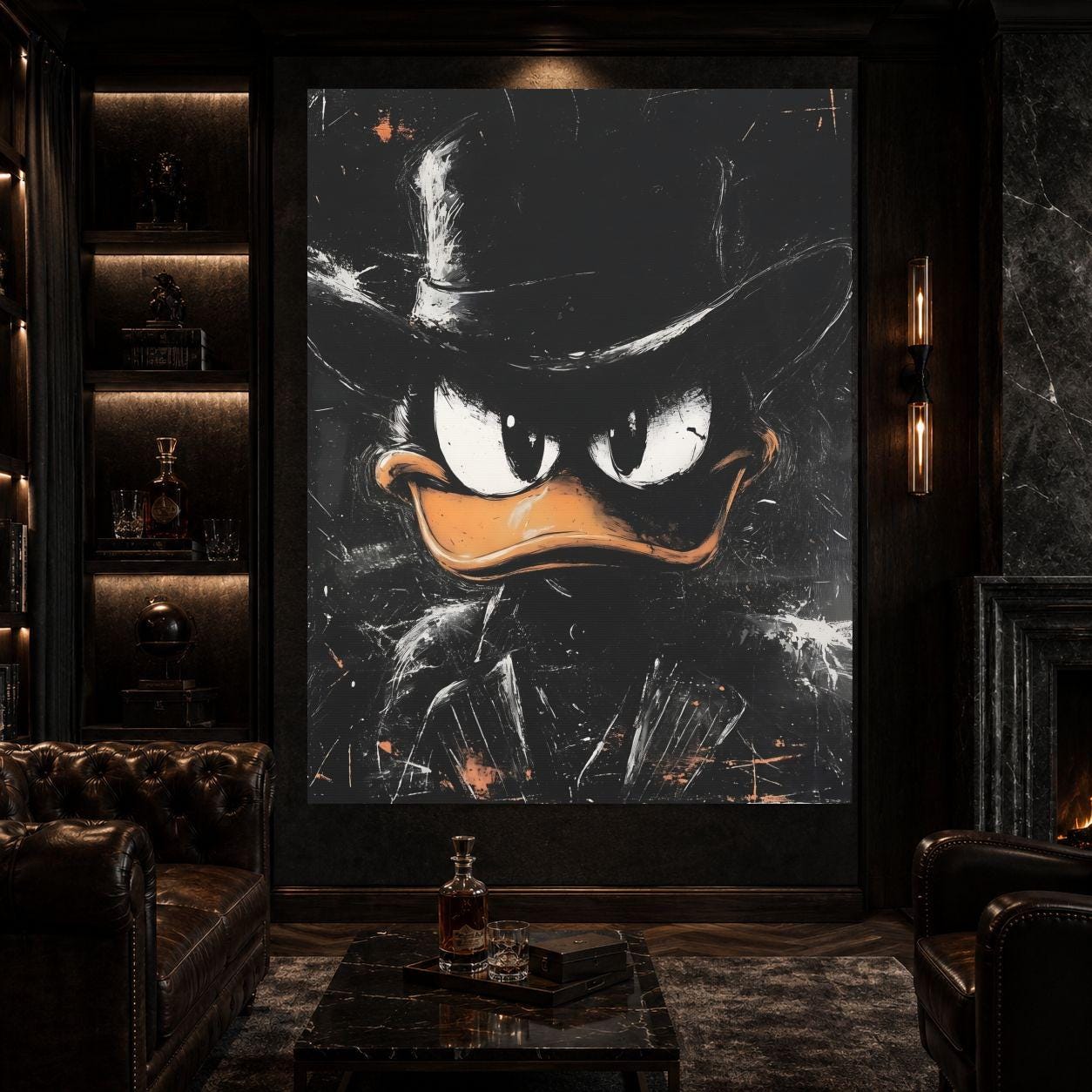 Comic Duck Canvas | Dark Cartoon Artwork | Man Cave Decor — Framed Print wall art