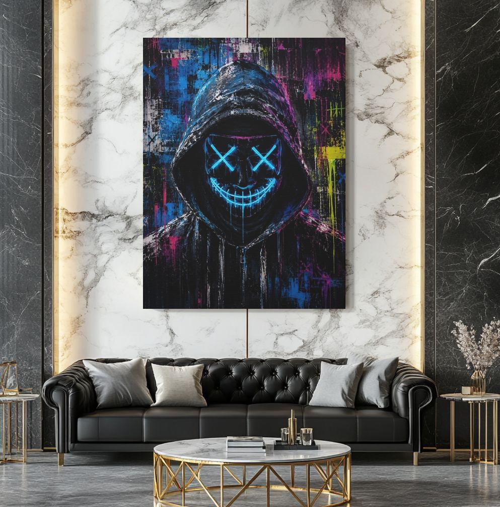 Neon Hacker Mask Wall Art | Cyberpunk Canvas | Gamer Room Decor — Framed Print wall art