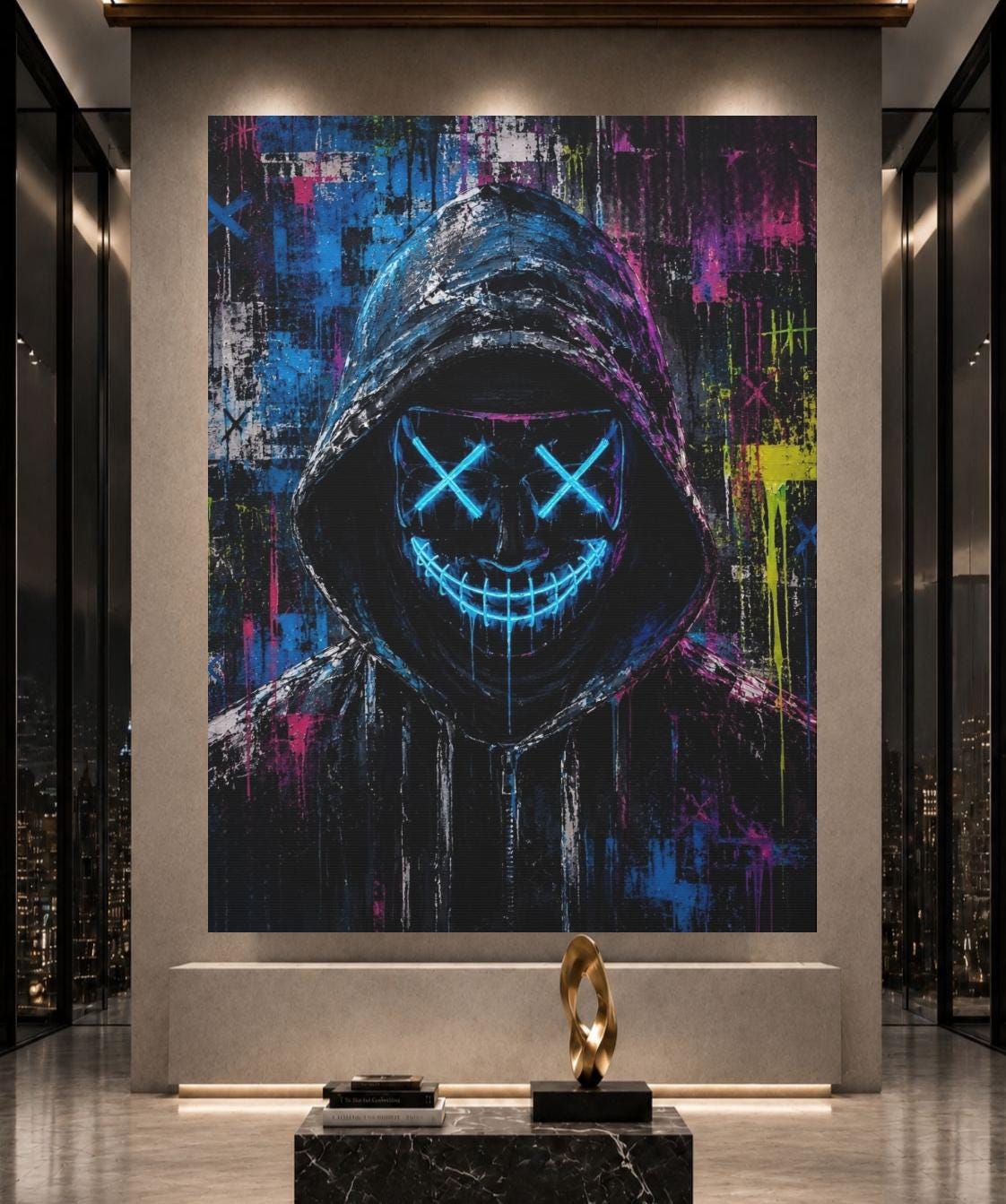 Neon Hacker Mask Wall Art | Cyberpunk Canvas | Gamer Room Decor — Framed Print wall art
