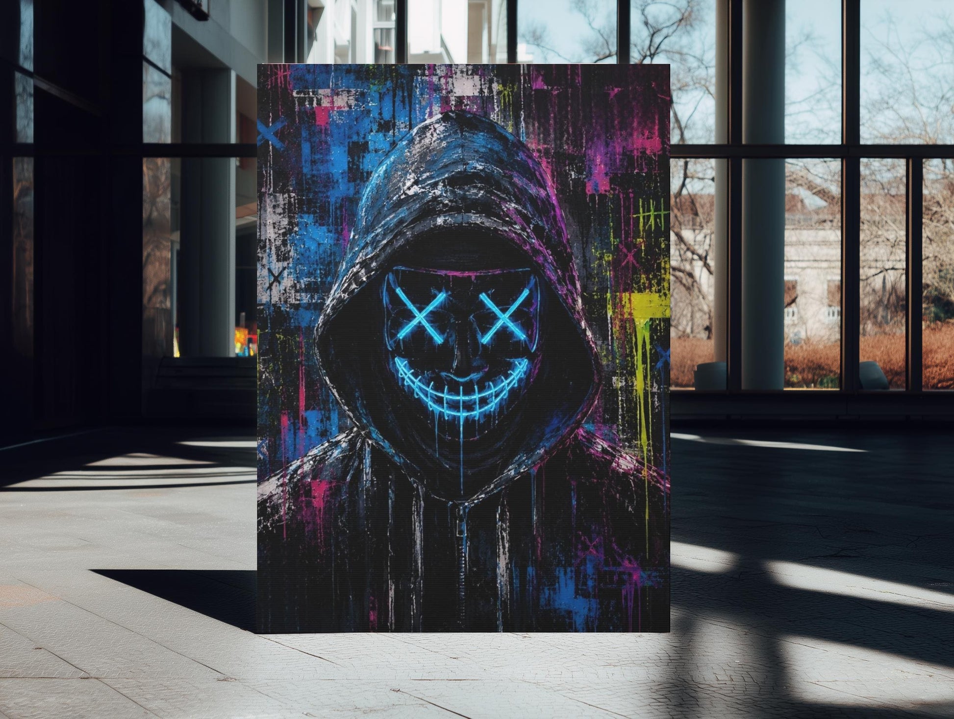 Neon Hacker Mask Wall Art | Cyberpunk Canvas | Gamer Room Decor — Framed Print wall art