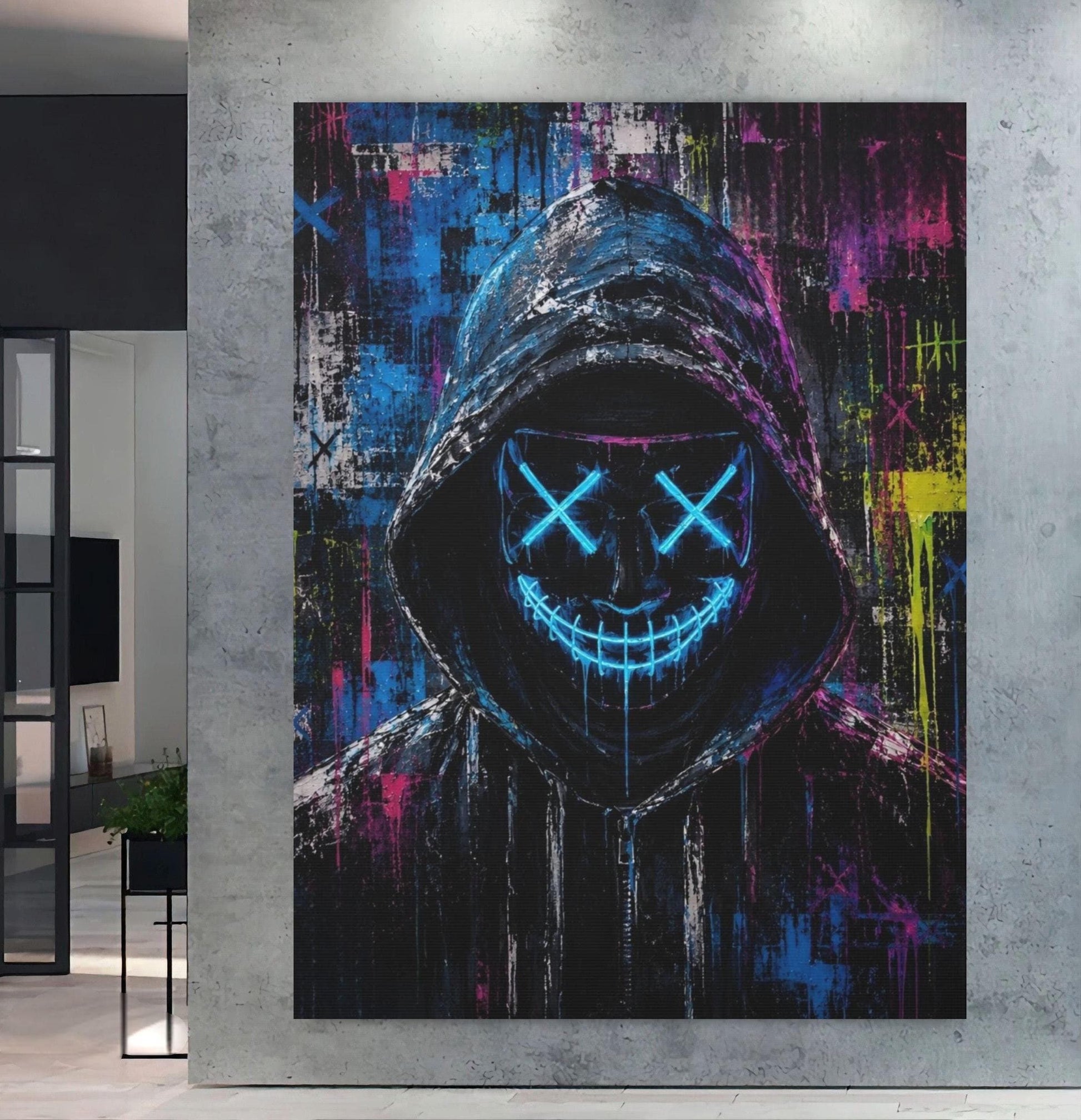 Neon Hacker Mask Wall Art | Cyberpunk Canvas | Gamer Room Decor — Poster wall art