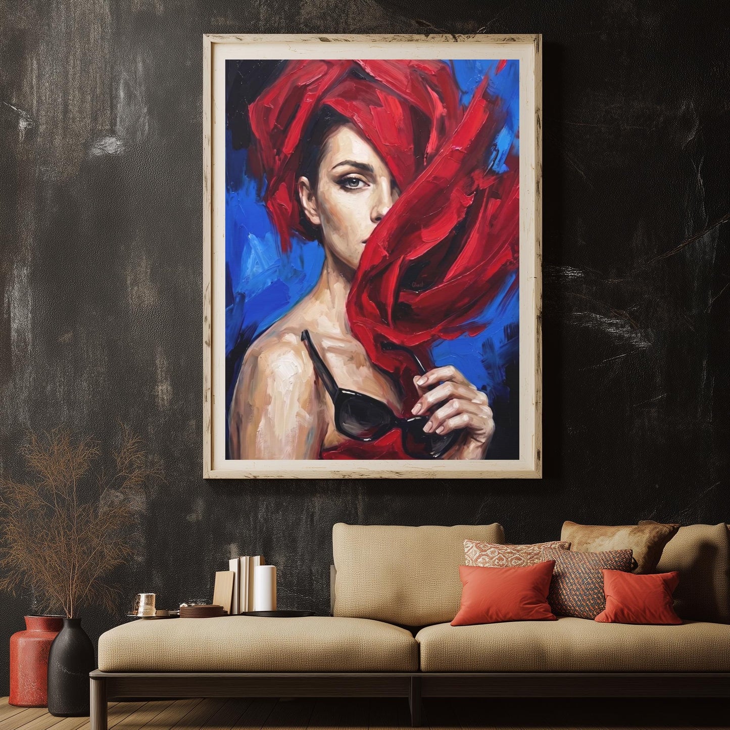 Fashion Wall Art | Woman in Red Canvas | Glam Bedroom Decor — Framed Print wall art