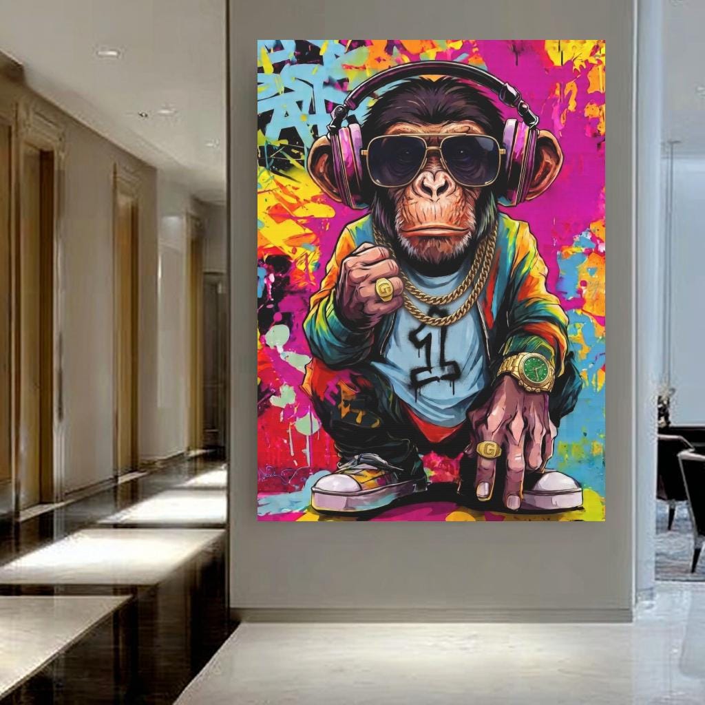 Monkey Wall Art | Hip Hop Graffiti Canvas | Man Cave Decor — Framed Print wall art