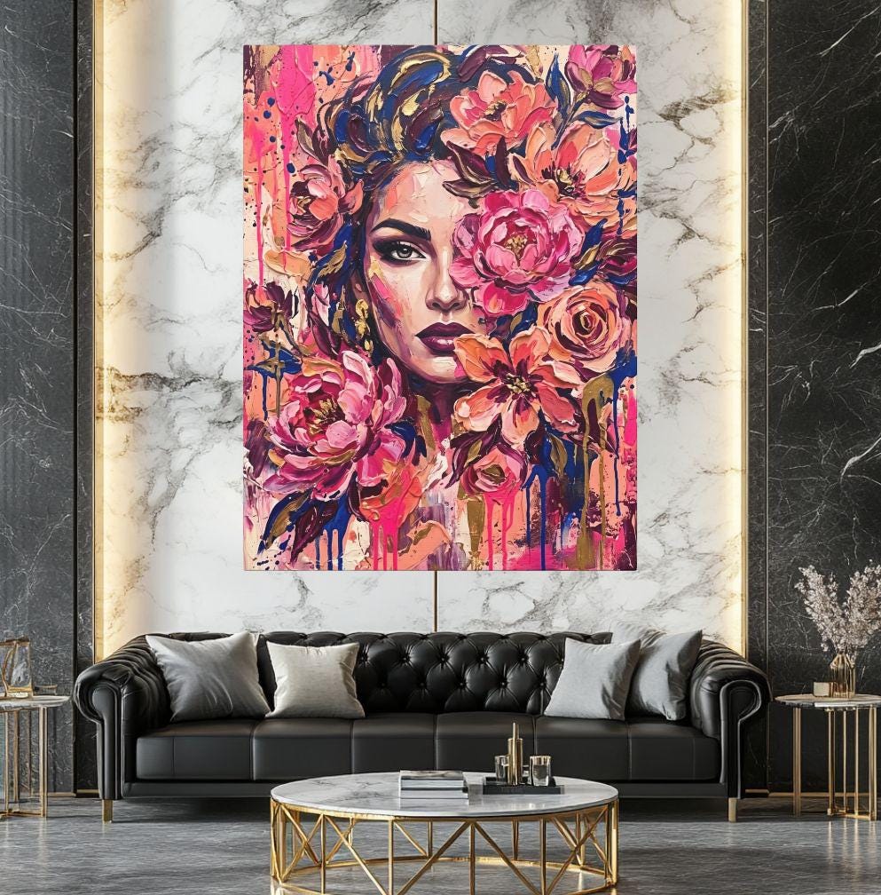 Feminine Wall Art, Floral Woman Canvas, Pink Glam Bedroom Decor — Framed Print wall art