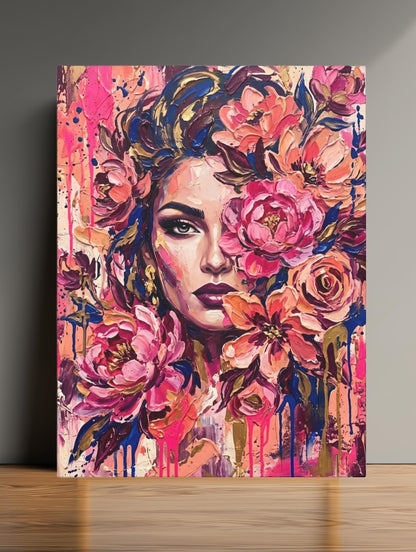 Feminine Wall Art, Floral Woman Canvas, Pink Glam Bedroom Decor — Framed Print wall art
