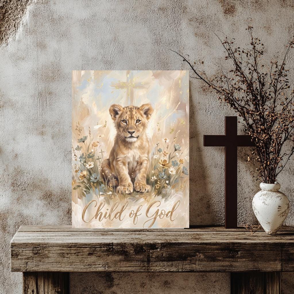 Child of God Wall Art | Lion Cub Nursery Canvas | Christian Baby Gift — Framed Print wall art